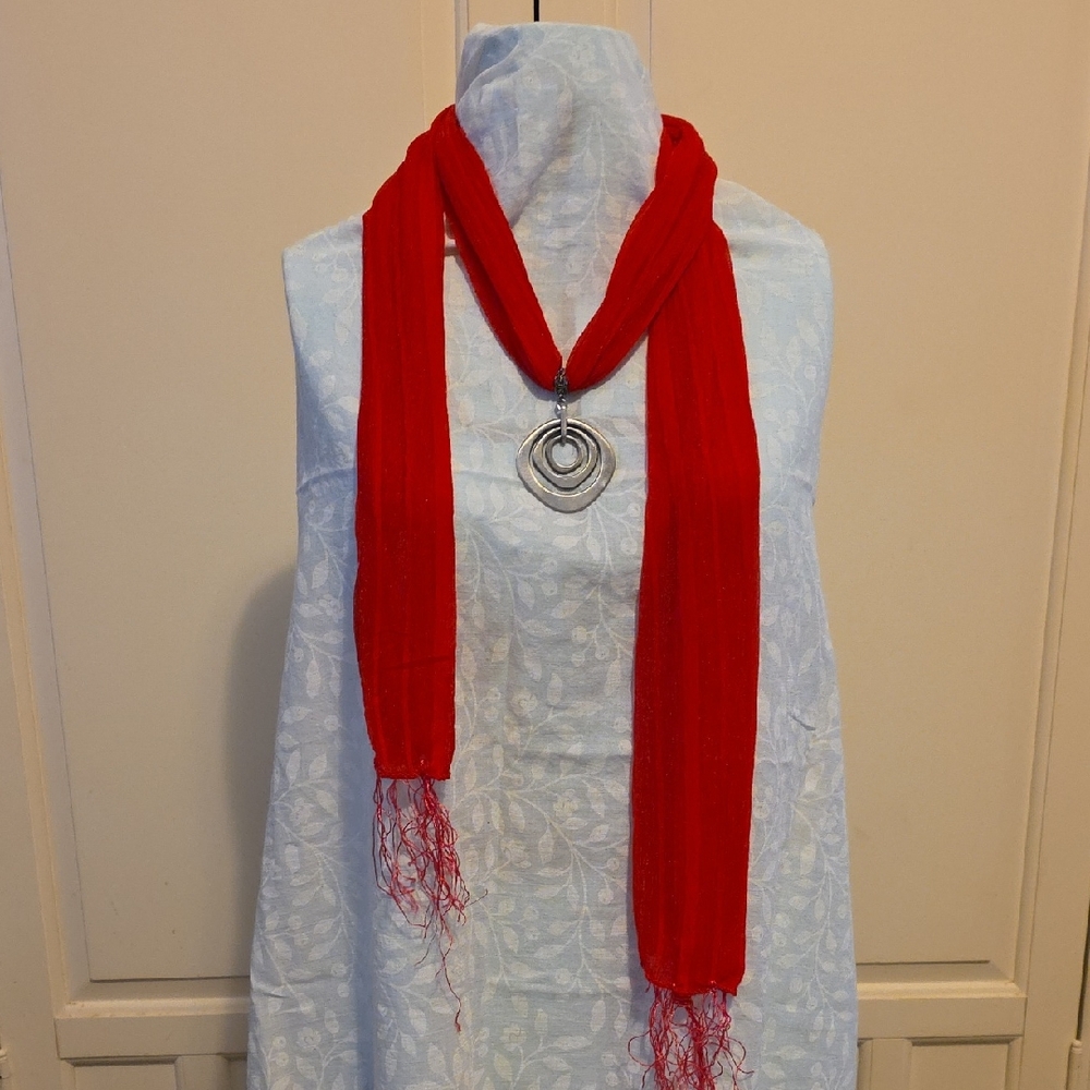 Elegant Red Scarf with Silver Pendant [2/$15]